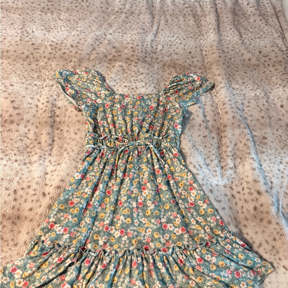 Three Hearts Teal-Green Floral Flutter-Sleeve Dress